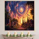 Glowing 4th of July Village at Dusk with Swirling Sky and Flags, Whimsical Americana Scene with Magical Clouds, Starlight, and Patriotic Celebration on Ready to Hang 1.5" Thick Canvas Wrap, Floating Framed Canvas, Flat Rolled Canvas